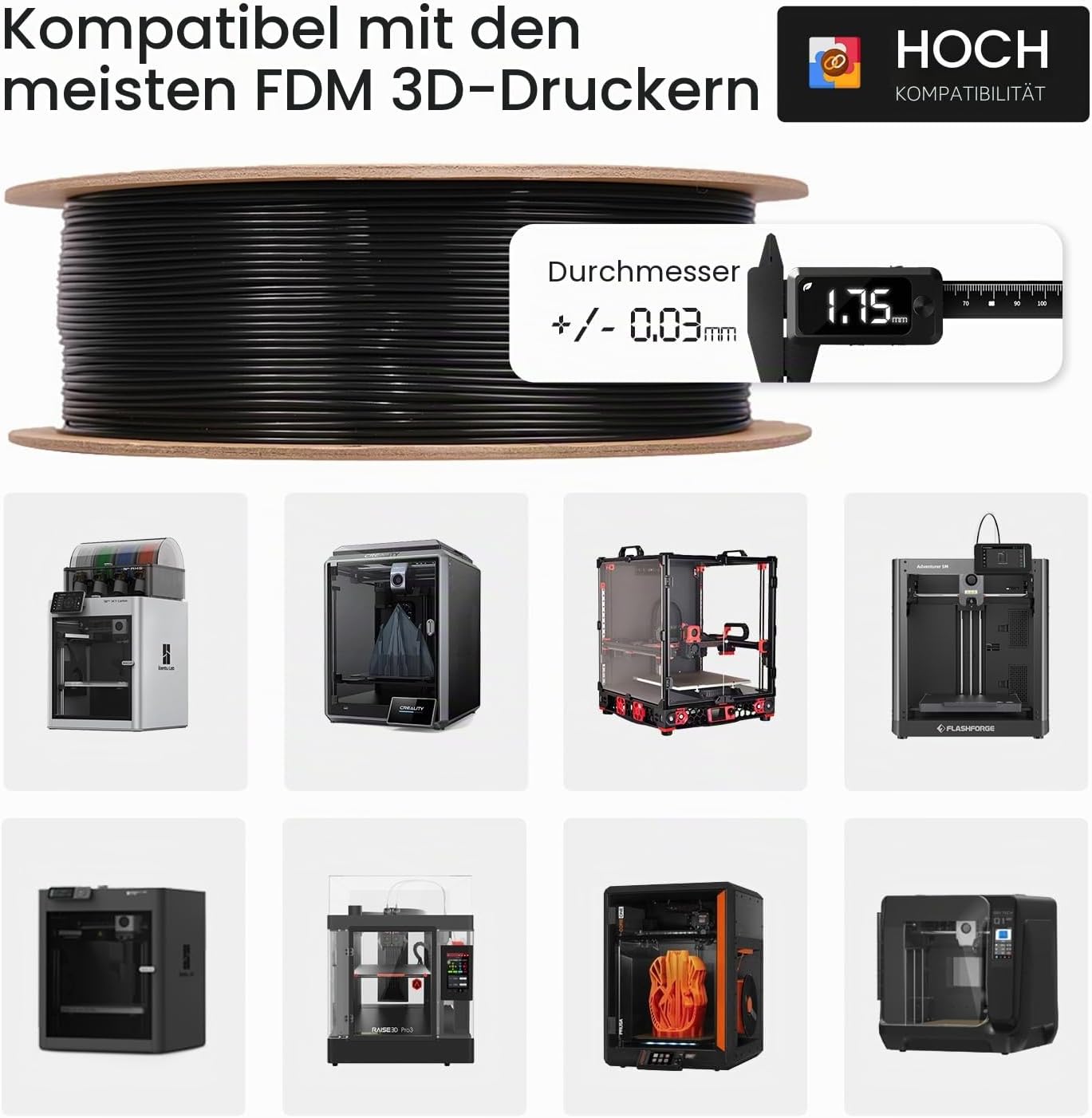 Thumbnail 4 de eSUN PLA+ Filament 1.75 mm – 1 kg Spule, Kieferngrün, ±0,03 mm Toleranz, PLA+ für stabile Drucke