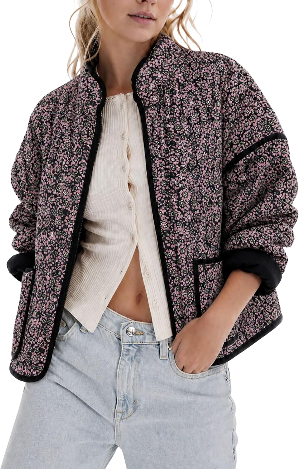 Thumbnail 5 de Omoone Cropped Quilted Floral Puffer Jacket