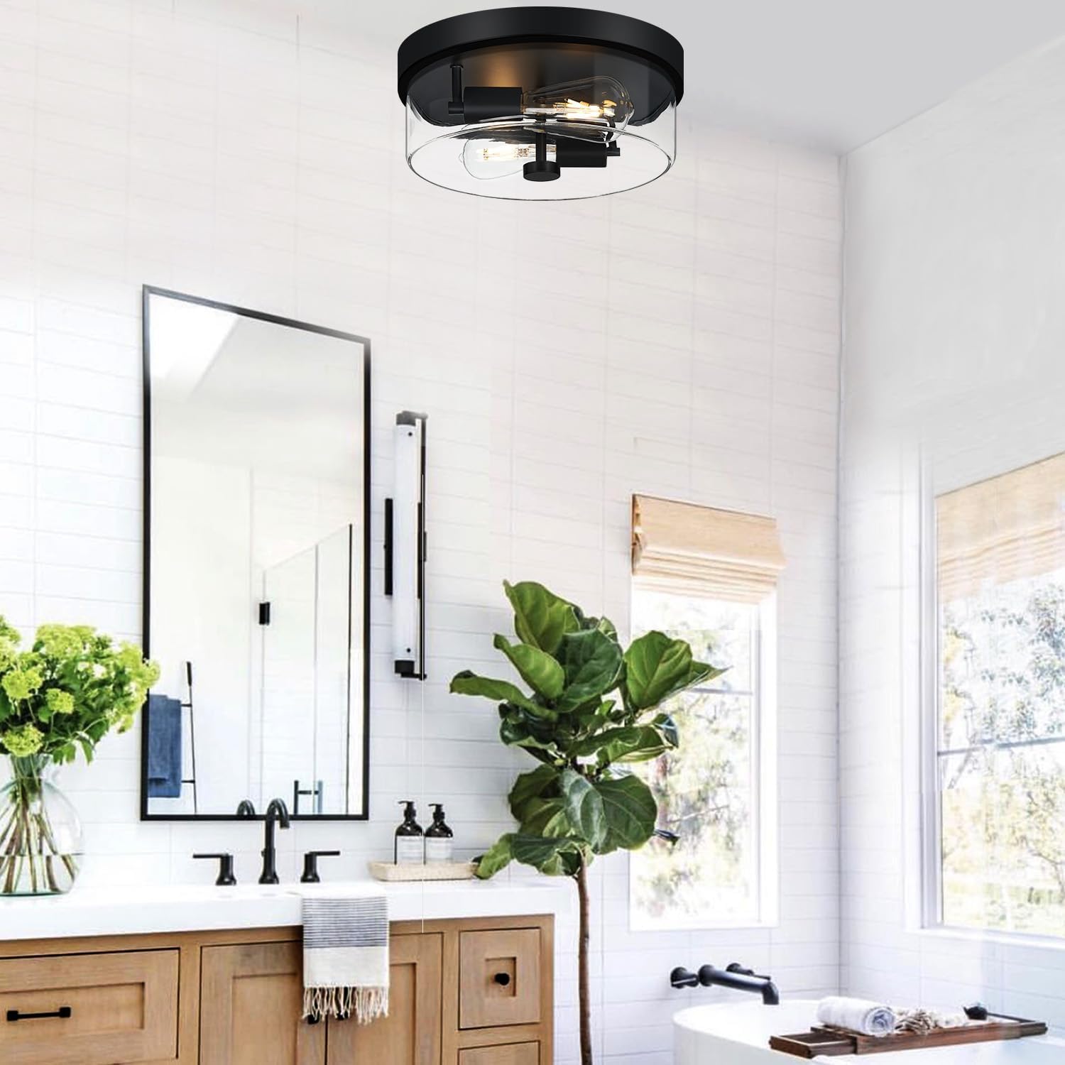Detalle de szzgco 2-Light Black Flush Mount Ceiling Light with Clear Glass Shade (Farmhouse/Industrial Style)