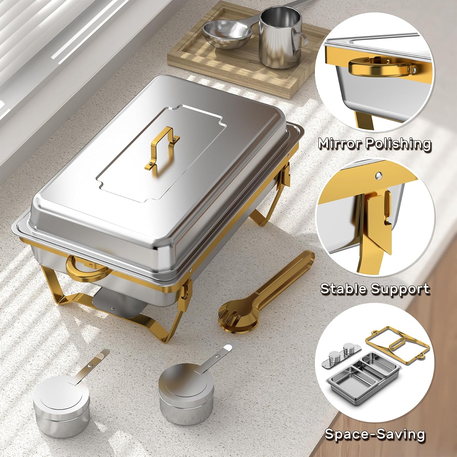 Detalle de 4 Pack 9QT Stainless Steel Chafing Dishes for Buffet – Gold & Silver Finish