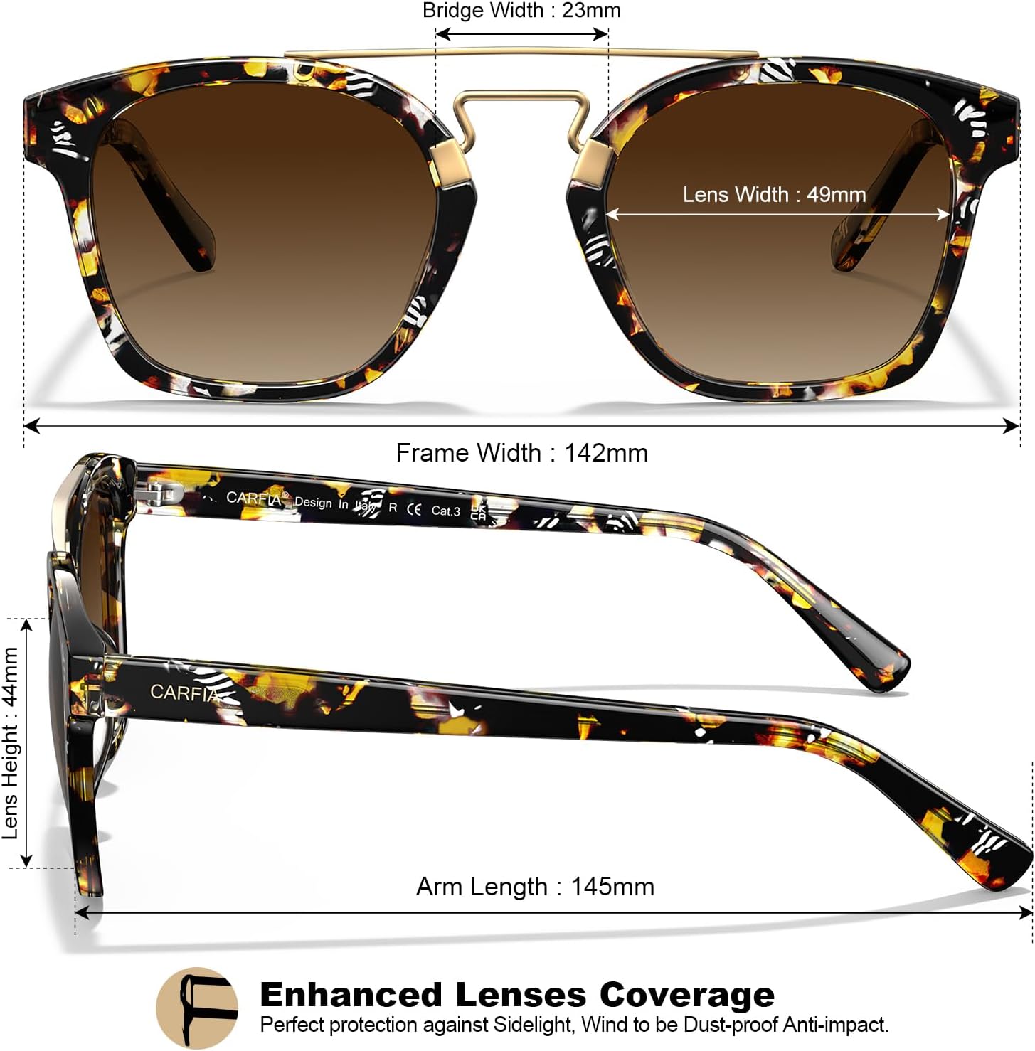 Detalle 2 de CARFIA Polarised Retro Square Sunglasses for Women – Acetate & Double Metal Bridge, UV400 Protection CA5399