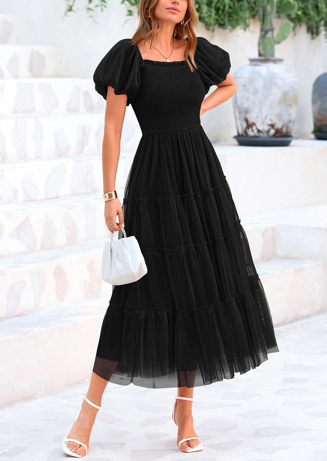 Detalle 2 de PRETTYGARDEN Smocked Midi Tulle Dress, Size S