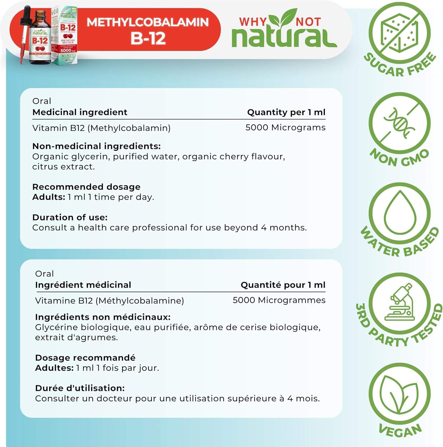 Detalle 1 de Why Not Natural B12102 Organic Liquid Vitamin B12, 5,000 mcg, Cherry Flavour