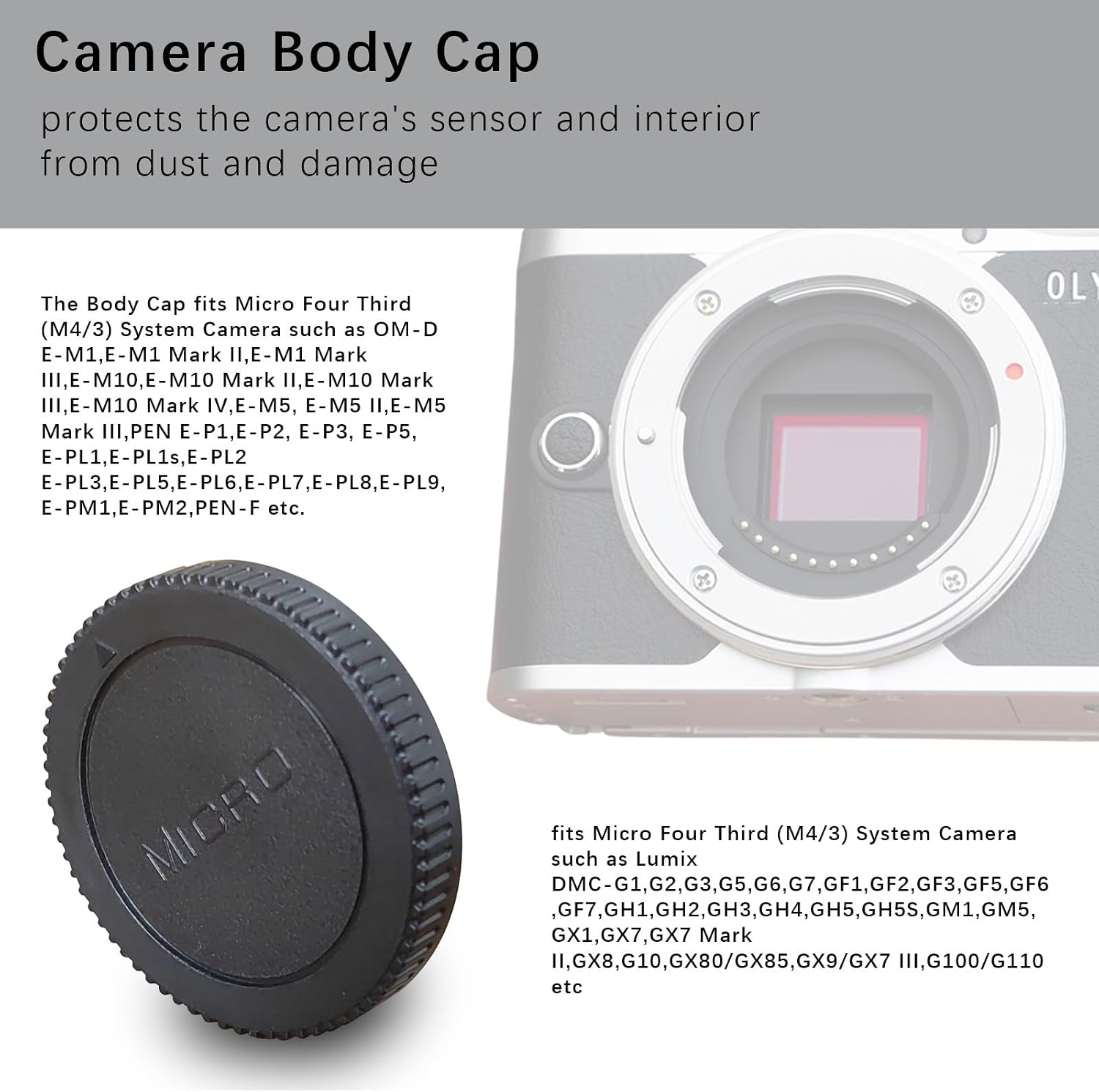 Detalle de Camera Body and Rear Lens Caps for Micro Four Thirds (M4/3): Compatible with E-M5, E-P1, E-P2, E-P3, E-P5, E-PL1 and select M.Zuiko lenses