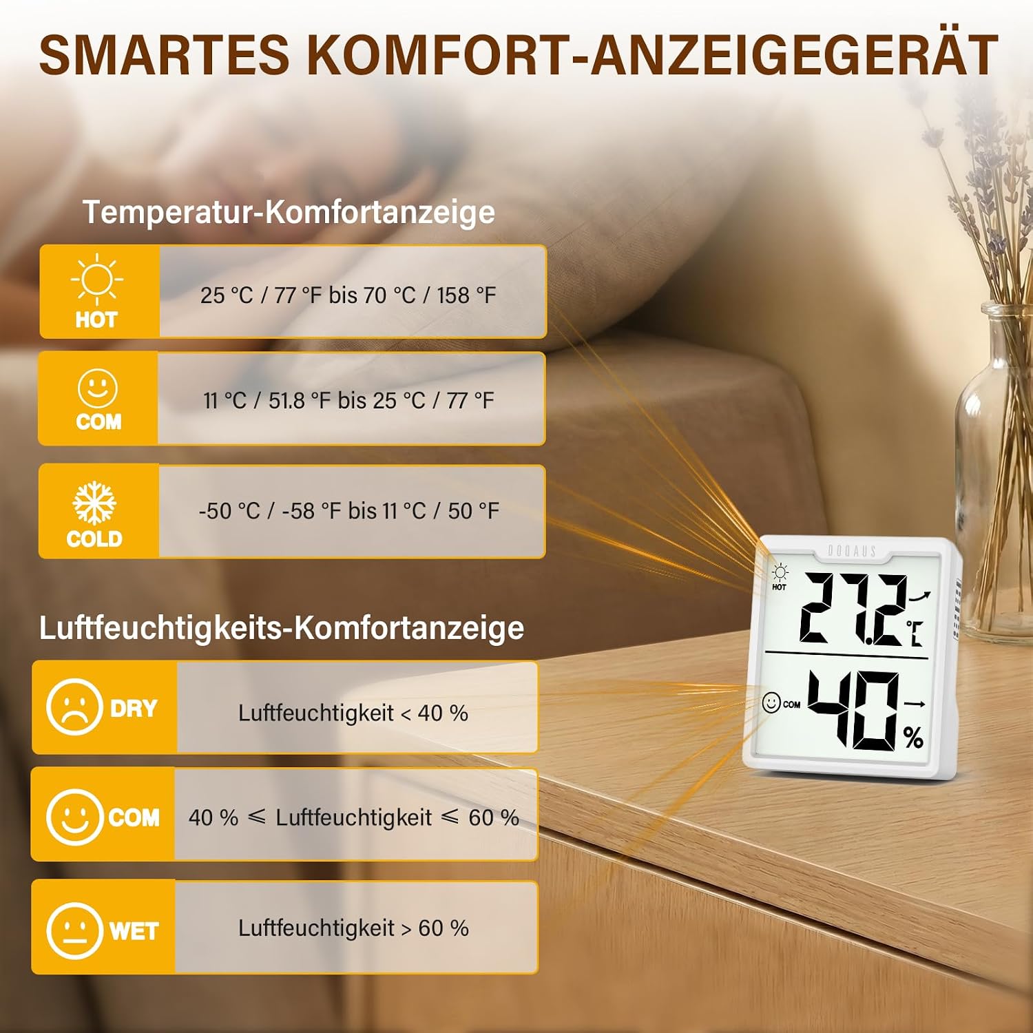 Detalle de DOQAUS 3er-Set Digitales Innen-Thermometer-Hygrometer mit AAA-Batterien – Temperatur und Luftfeuchtigkeit im Raum