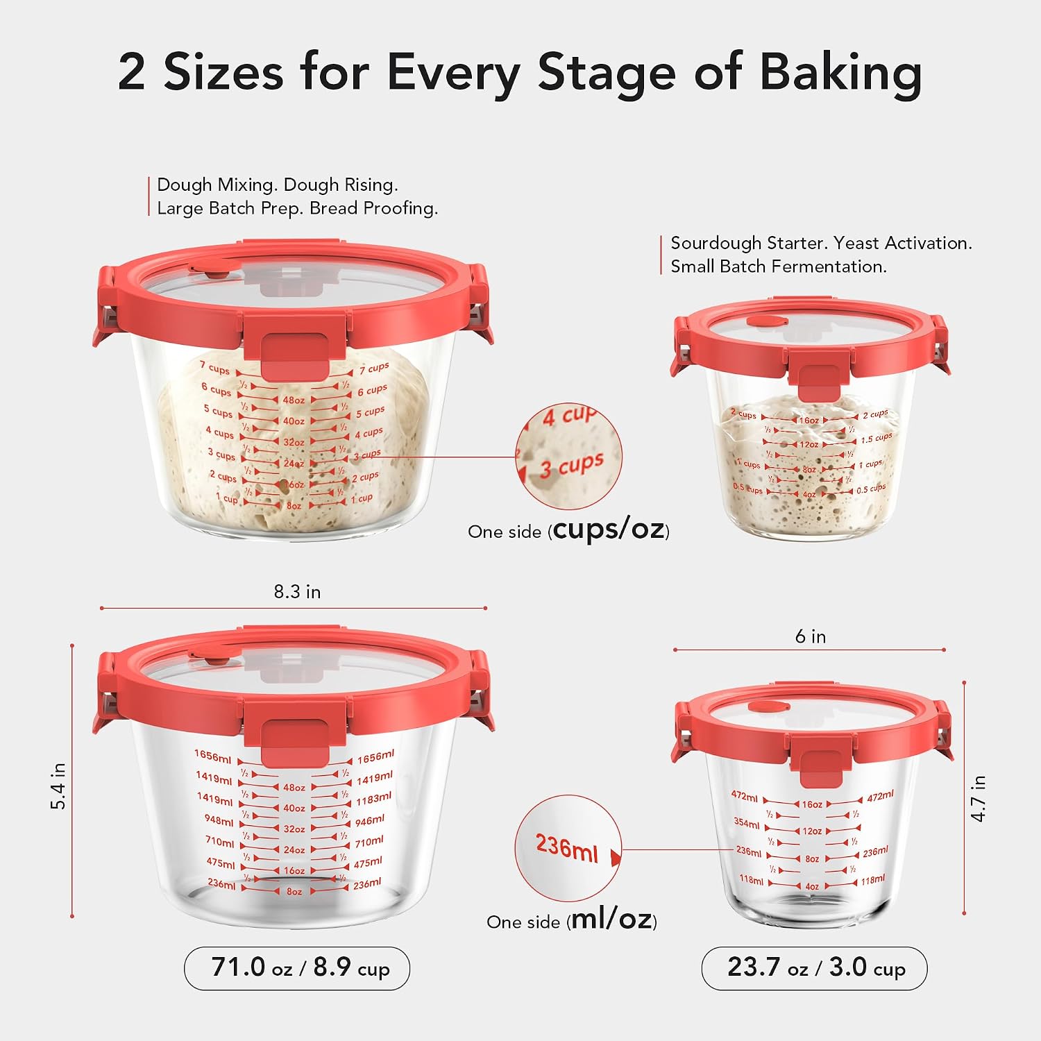 Detalle 1 de GENICOOK 24 oz & 71 oz Red Sourdough Jar Set, Borosilicate Glass
