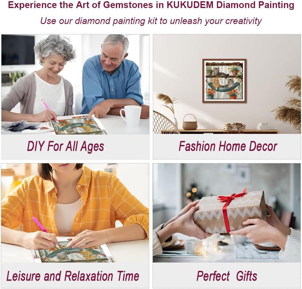 Detalle de KUKUDEM Cat Diamond Painting Kit, 12x12-Inch Canvas with Round 5D Gems