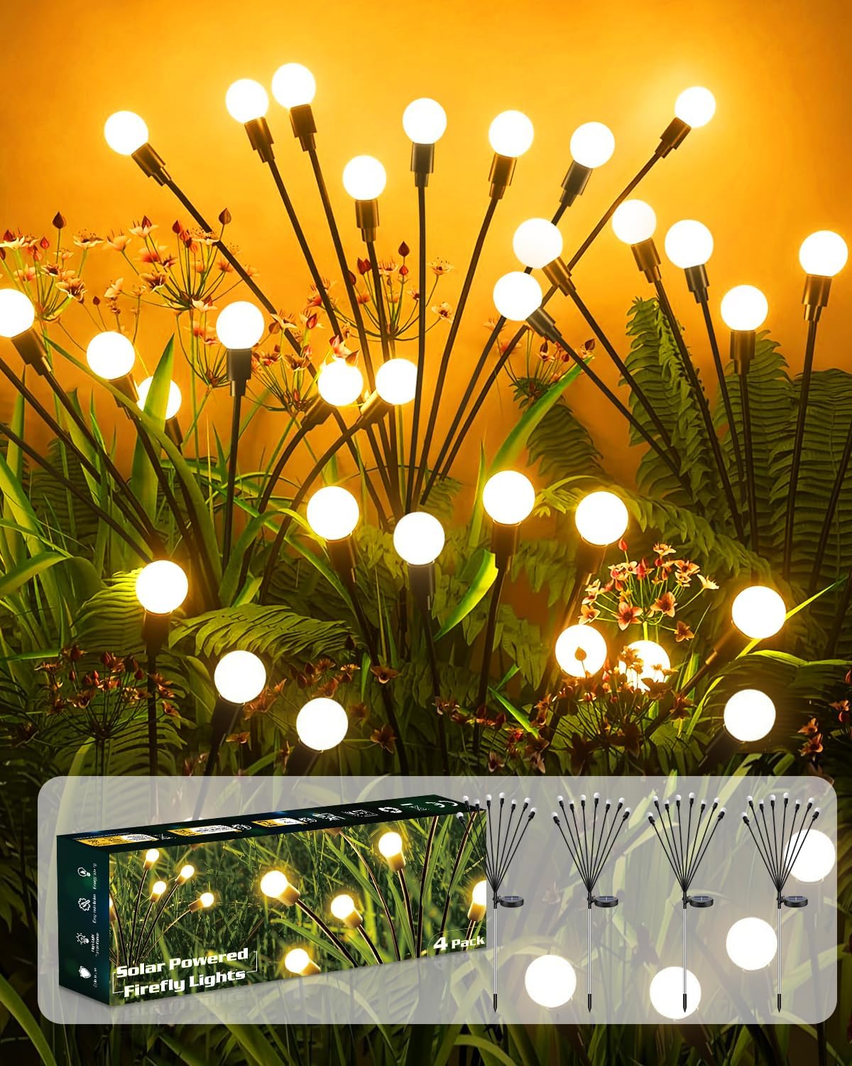Detalle de AdalyRoma 4 Piezas Luces Solares de Luciérnaga con 8 LED — Iluminación Exterior IP65, Blanco Cálido