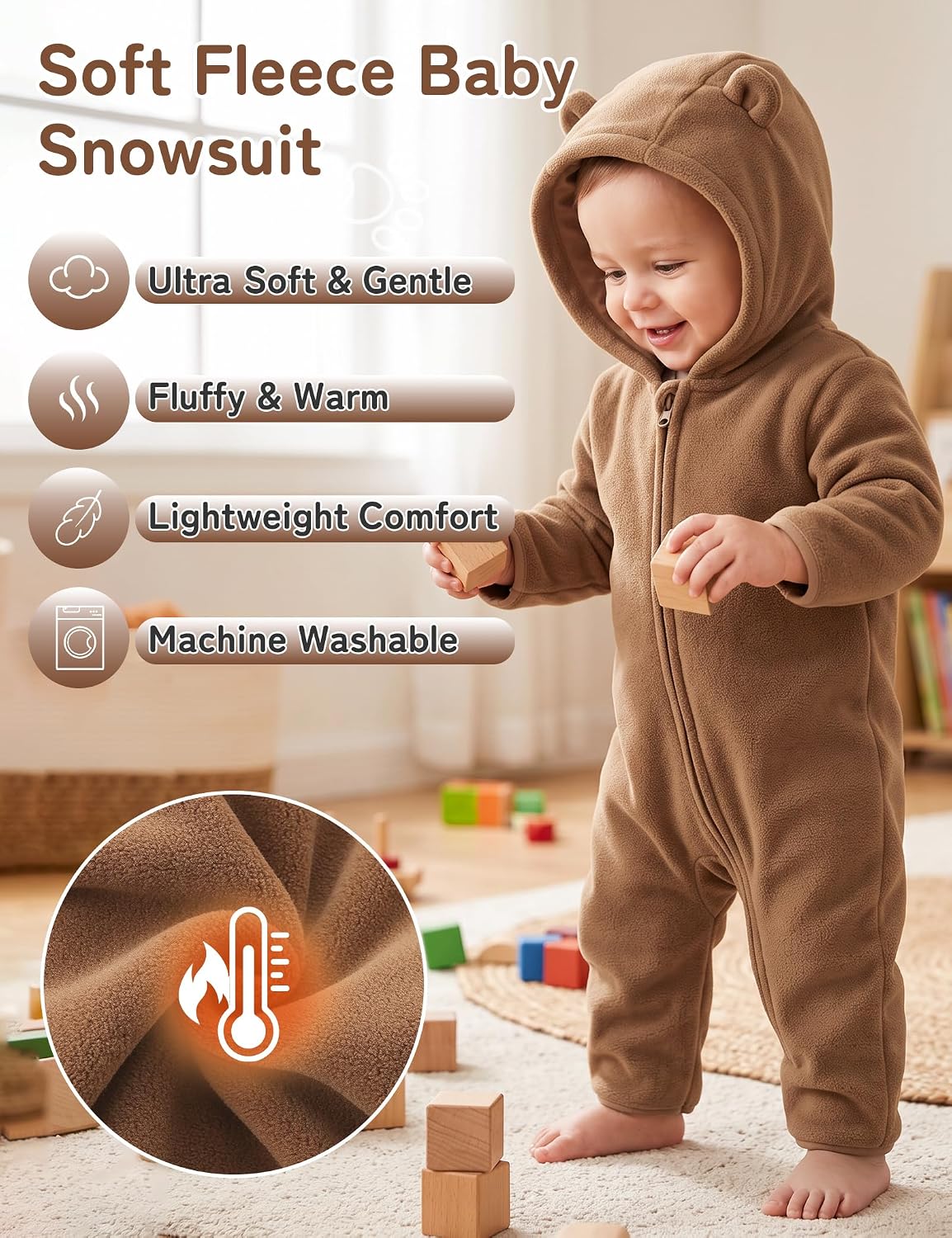 Detalle 2 de Babymine Newborn Bear Snowsuit, Winter Fleece with Hood, Mittens and Footies