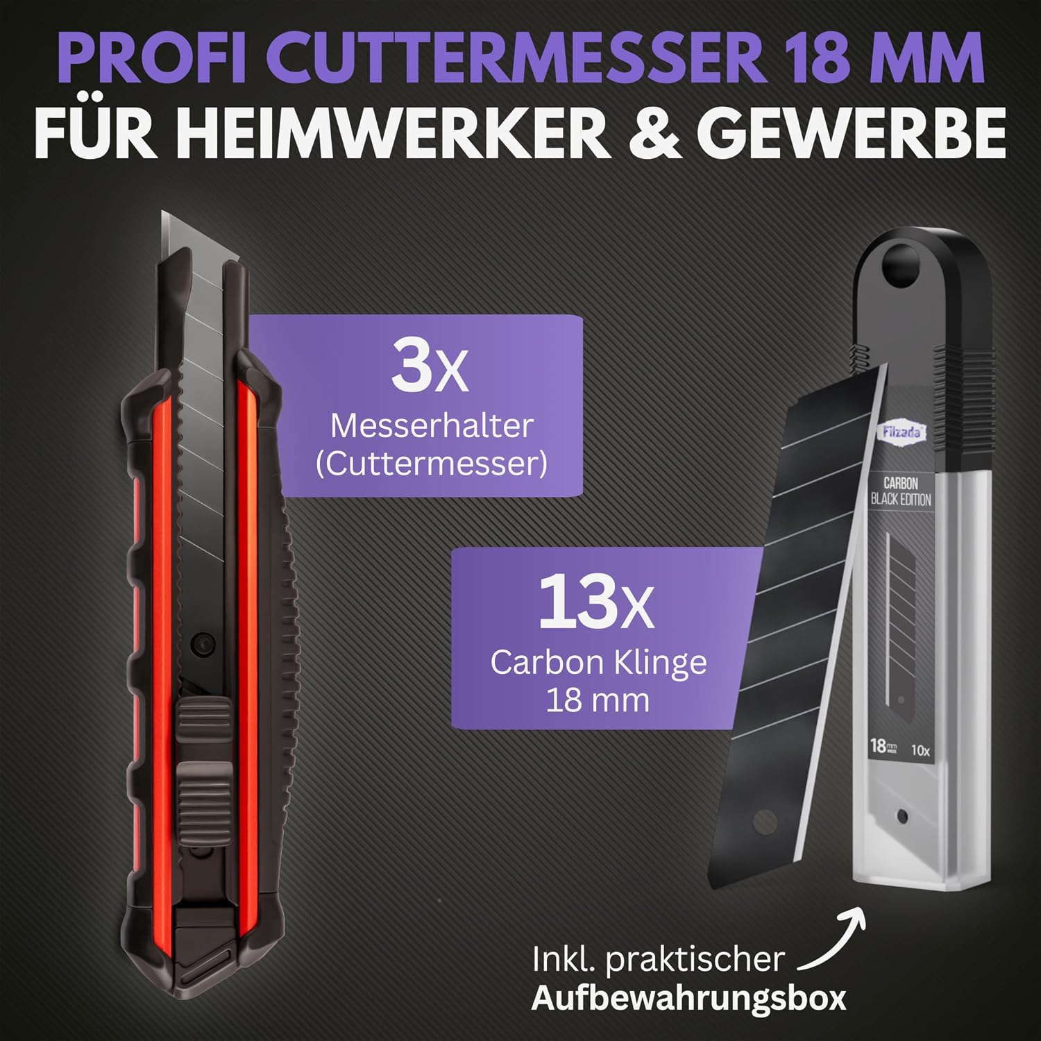 Thumbnail 1 de Filzada® 3x Cuttermesser Profi 18mm Ultrascharf + 13x Carbon Klingen – robust und vielseitig