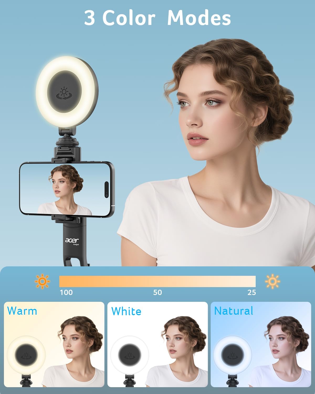 Thumbnail 6 de Acer Gadget Auto Face Tracking Tripod Selfie Stick (64.4 in) with Light & Remote for iPhone, Cell Phones, Android, and Cameras