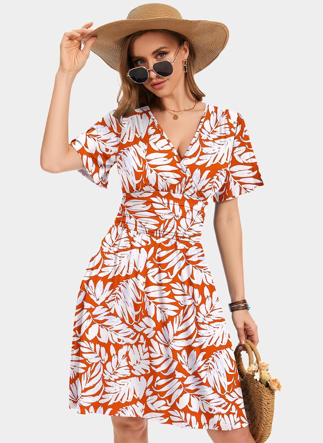 Detalle de WNEEDU Sommerkleider Damen Elegant Kleid mit Rüschenärmeln, Empire Taille und Taschen