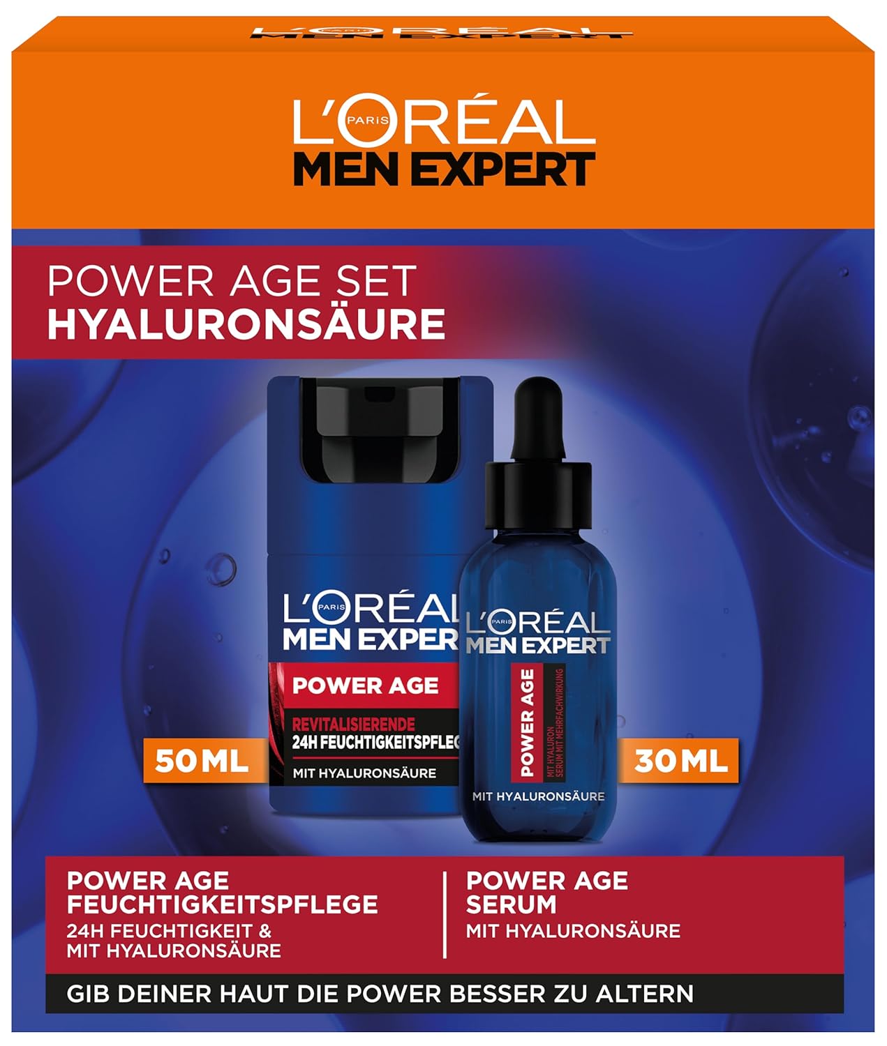Detalle de L'Oréal Men Expert Power Age Pflegeset gegen Falten – Feuchtigkeitspflege (50 ml) + Serum mit Hyaluronsäure (30 ml) für Männer