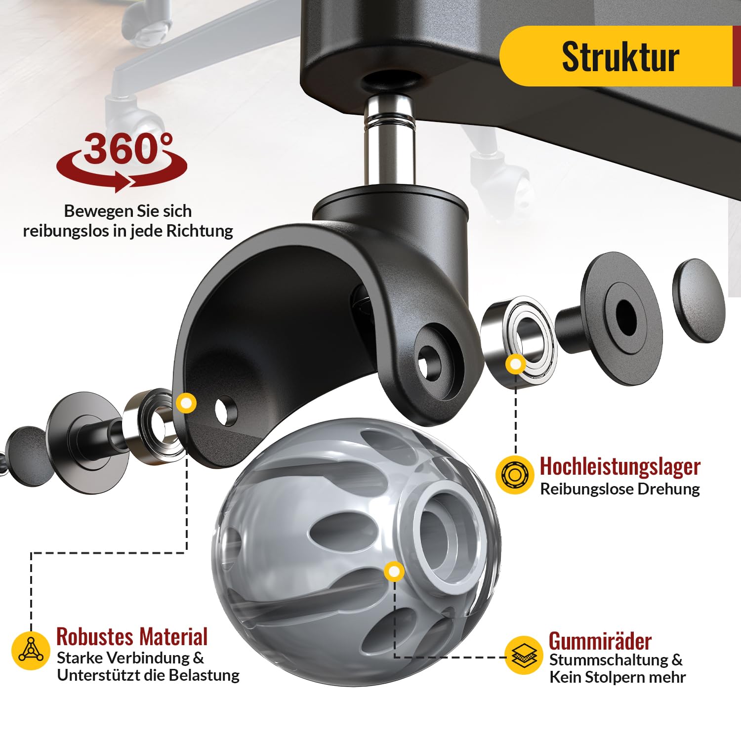 Thumbnail 4 de HOLKIE Bürostuhl Rollen 5er-Set, 11x22 mm, 360° drehbar & leise (Grau, Polyurethan)