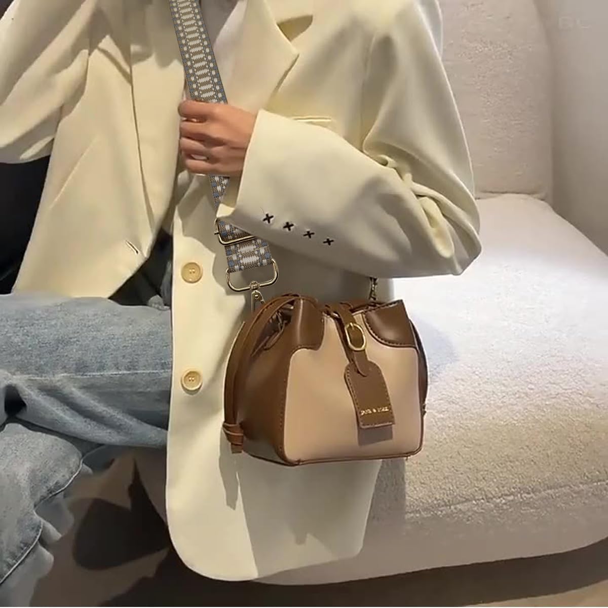 Thumbnail 3 de Verstellbarer Schultergurt Tasche Khaki Beige Grau (80–130 cm) – 3,8 cm breit, mit Karabiner (Gold) zum Wechseln