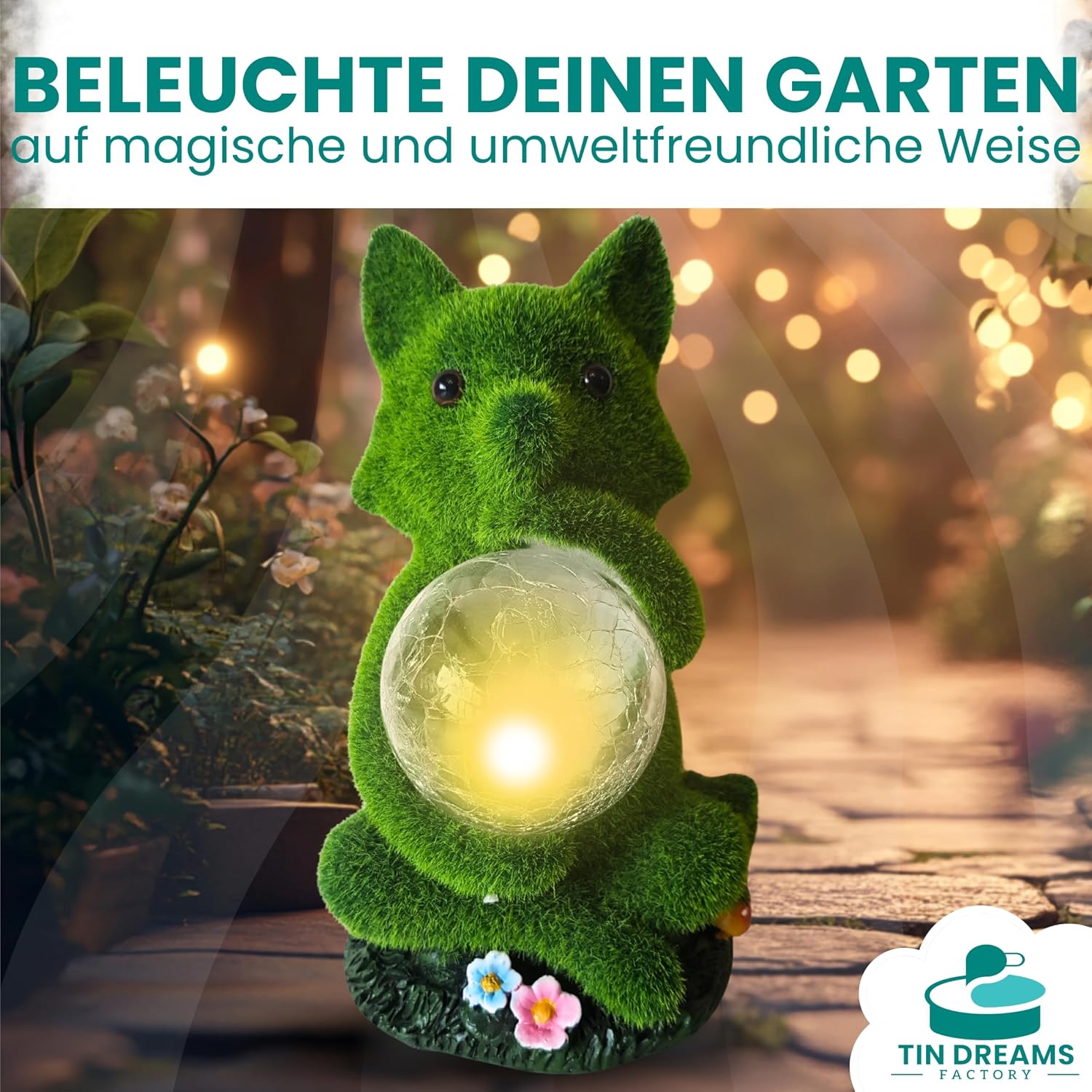 Detalle de TIN DREAMS FACTORY Solarfigur Fuchs für Garten – LED-Tierfigur aus wetterfestem Harz
