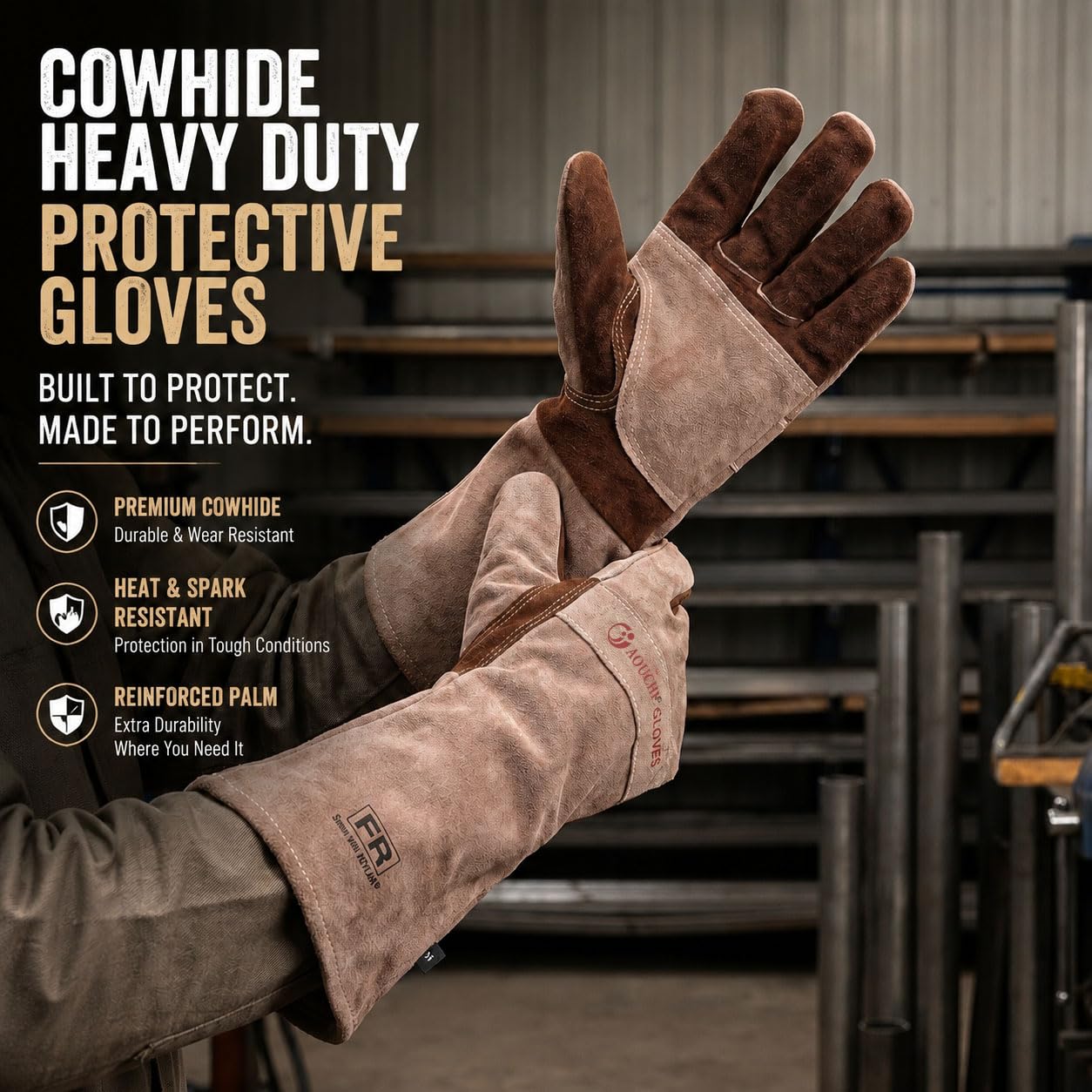 Thumbnail 5 de AOUCHI Leather Welding BBQ Fire Gloves Large