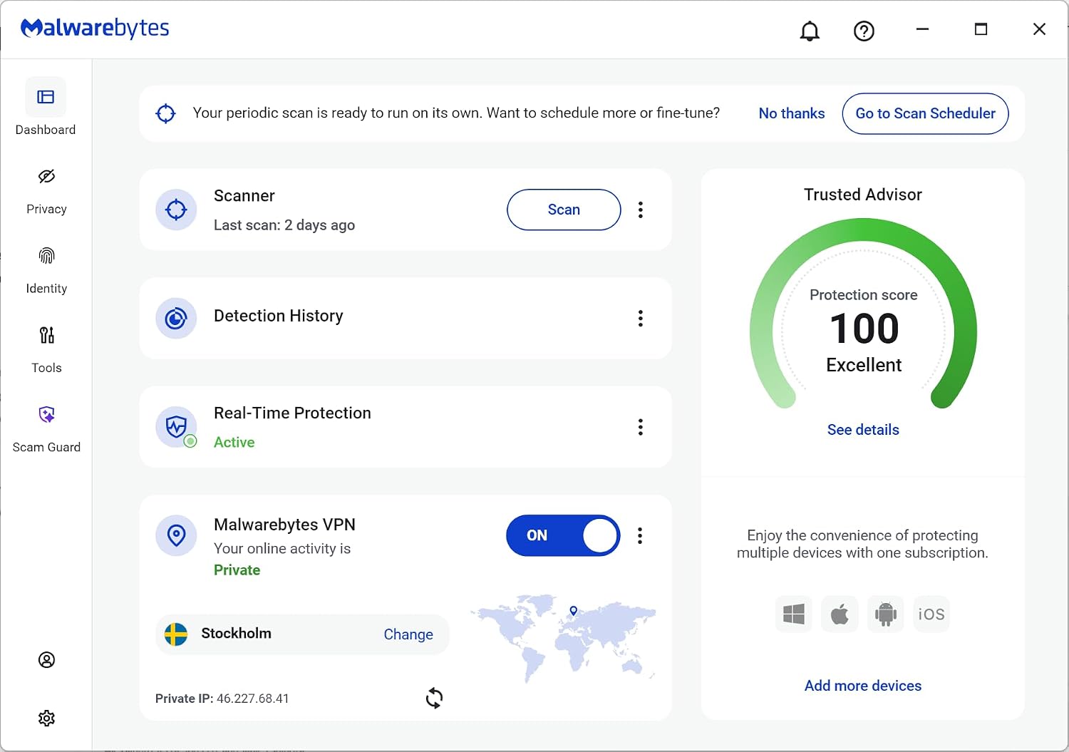 Detalle de Malwarebytes Premium Security + VPN for 2 Devices (1 Year) — Windows, Mac, Android, iOS, Chrome