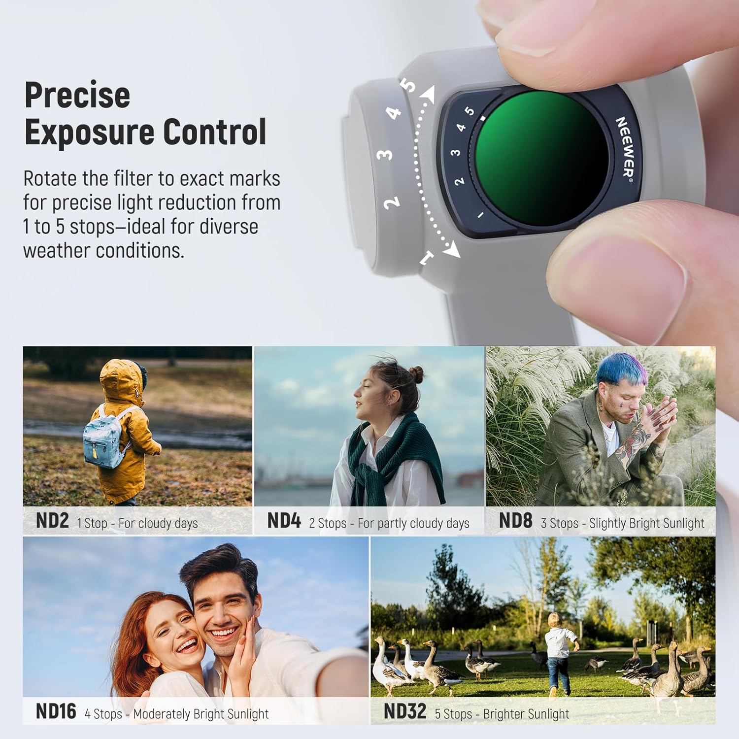 Thumbnail 3 de NEEWER Magnetic ND Filter Set for DJI Osmo Pocket 4 & 3 Creator Combo (ND2-32 Variable, CPL, 1/4 Black Diffusion + 0.72x Wide Lens)
