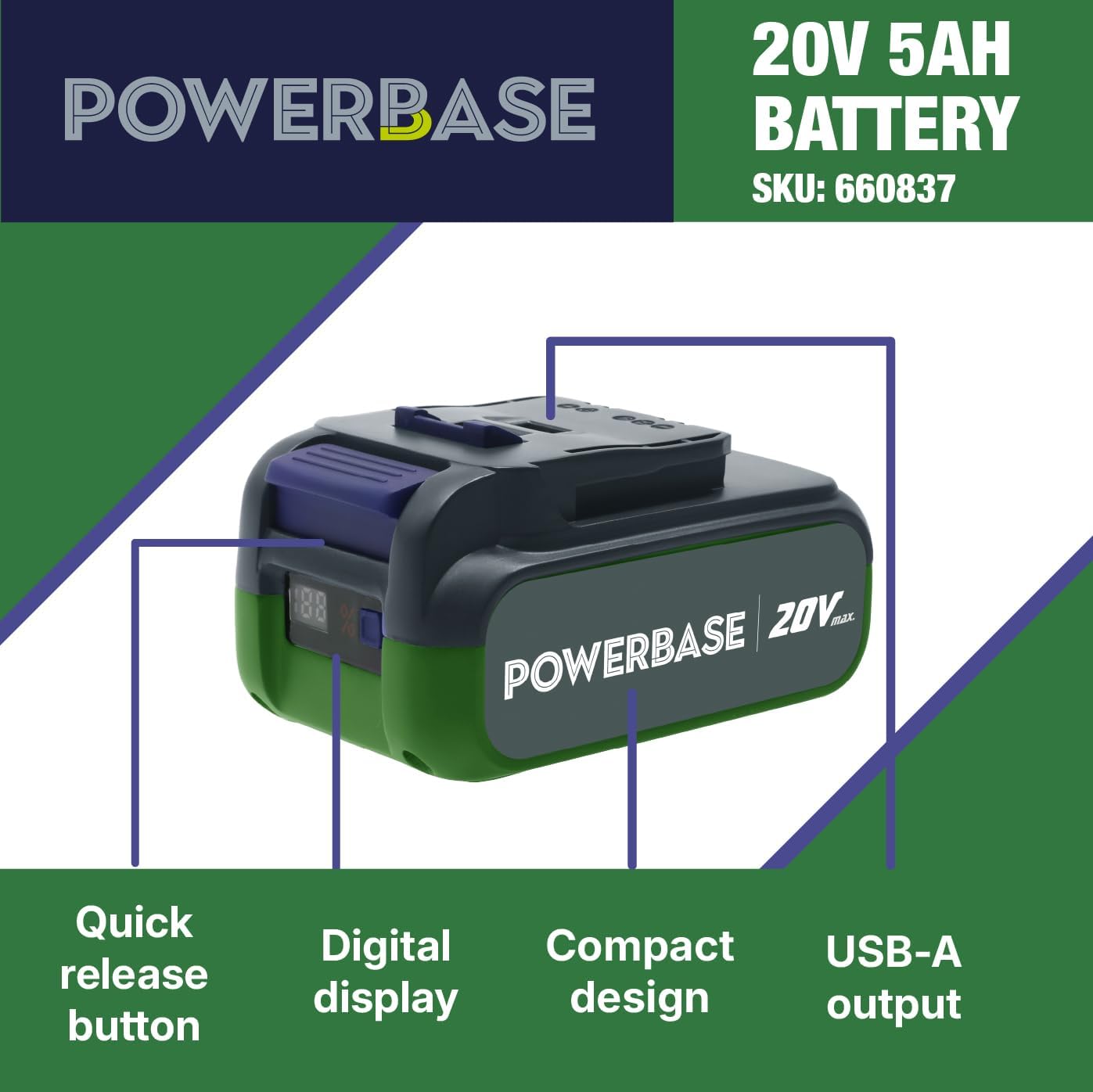 Thumbnail 1 de Coreservice 20V 5.0Ah Lithium-ion Battery with USB-A for Yard Force CR20 & POWERBASE tools