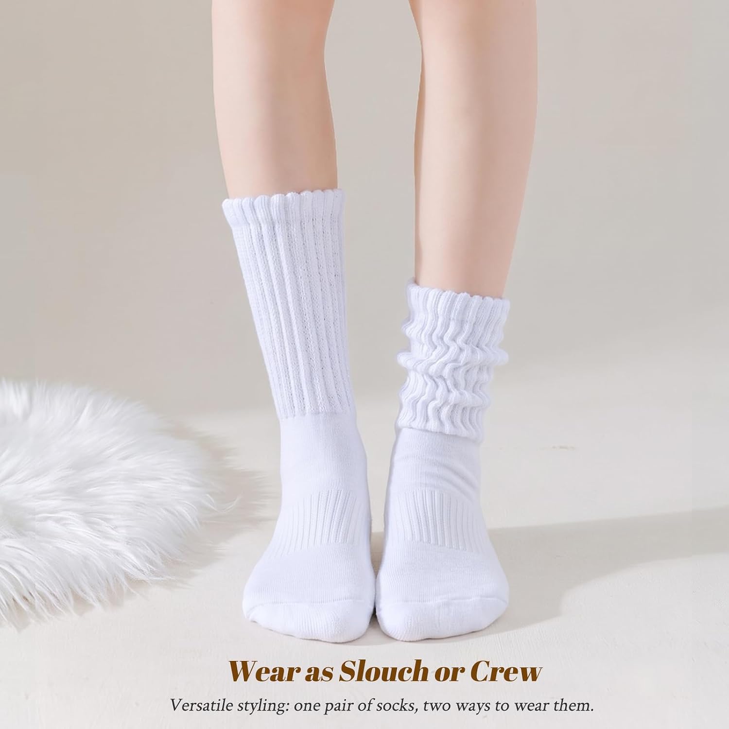 Detalle 1 de VoJoPi Women's Slouchy Crew Socks, 3-Pack, White Cotton-Blend Scrunch Socks