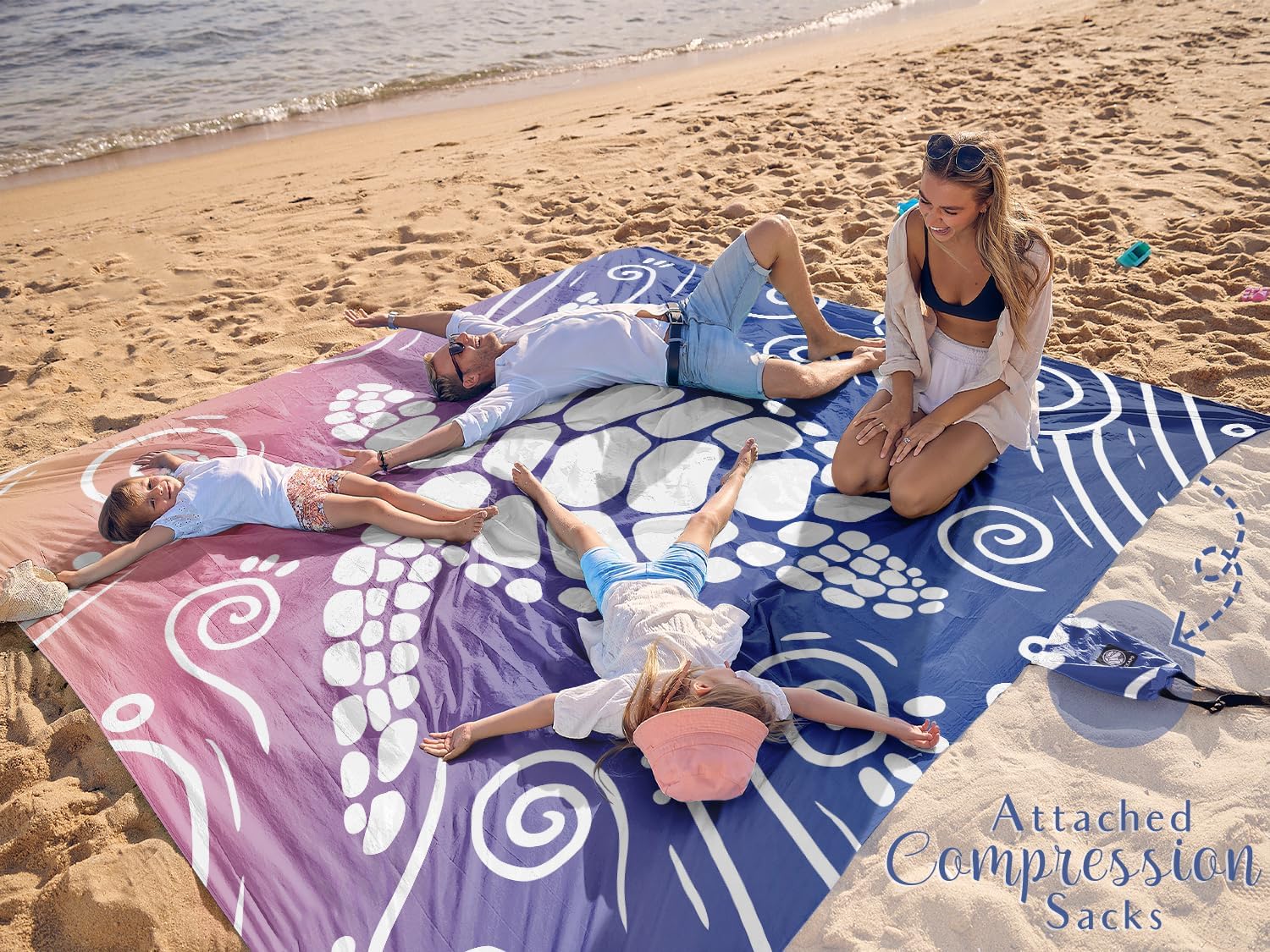Detalle de WEKAPO Beach Blanket Waterproof Sandproof Oversized 11 x 9 ft with Stakes — Deep Blue Sea Turtle