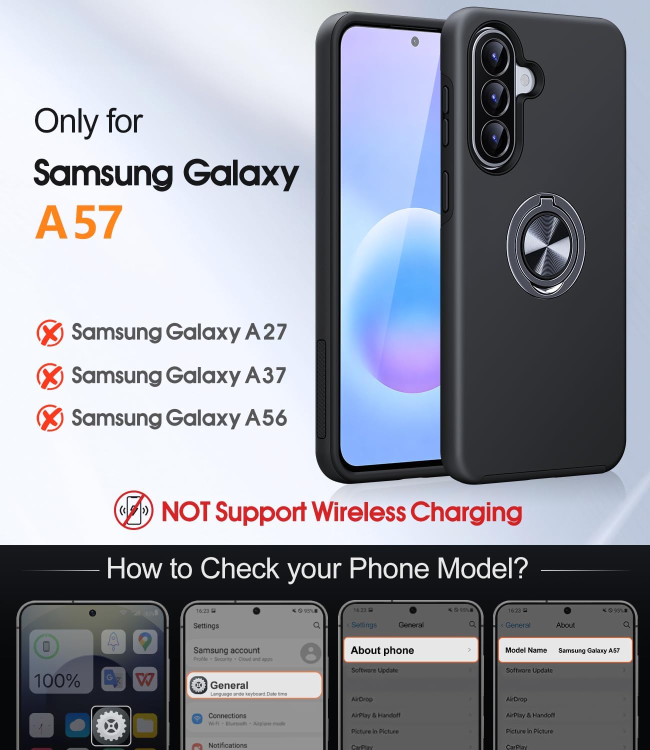 Thumbnail 1 de AOUIA case for Samsung Galaxy A57 5G with 2-pack screen protector, 360° rotating ring kickstand – Black