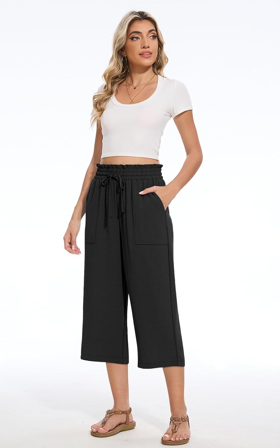 Detalle de MLXSJ Women's Capri Pants: Summer Wide-Leg, High-Waisted with Pockets
