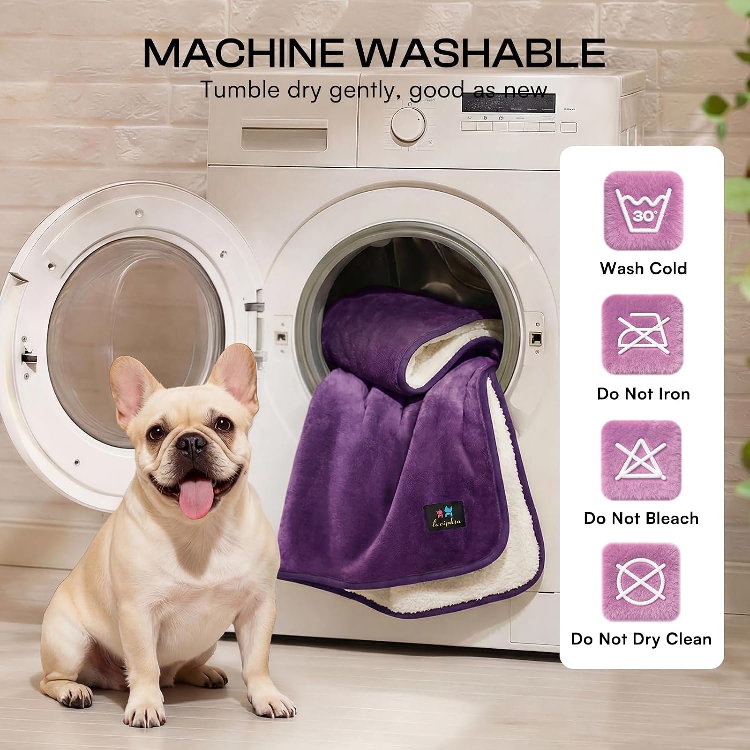 Detalle 2 de Luciphia XL Waterproof Pet Blanket, Reversible Sherpa Fleece, Purple and White