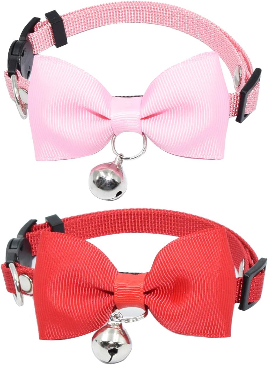 Detalle de Olahibi Breakaway Cat Collar with Safe Release, Removable Bowtie, and Clear Bell (Solid Brown) for Adult Cats