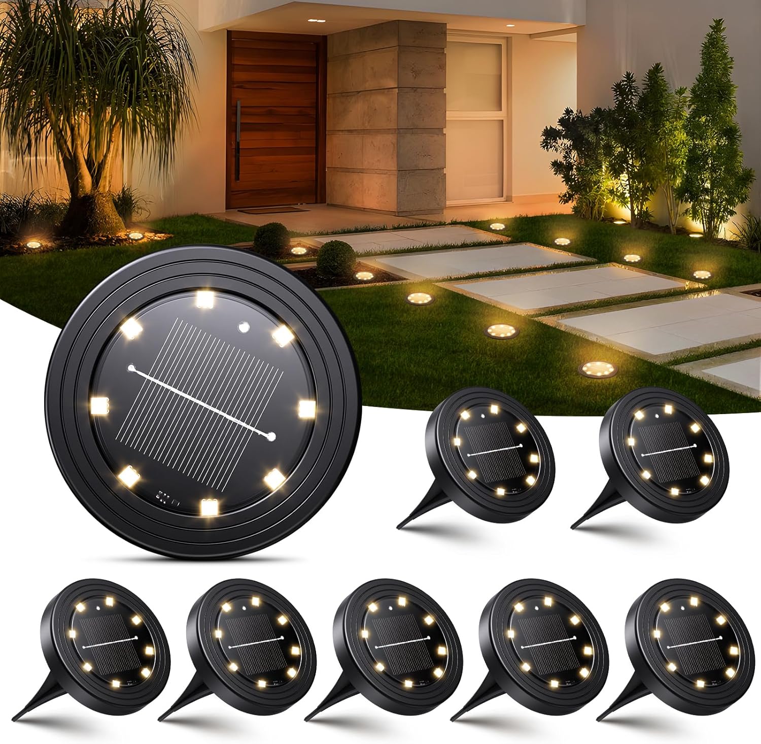 Detalle de NIBSHOOM 8 Stück Solar-Bodenleuchten – LED-Gartenbeleuchtung IP68, 8 LED, Warmweiß