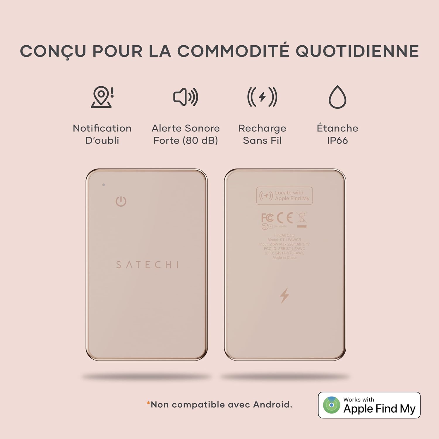 Thumbnail 1 de Satechi FindAll Wallet Tracker : carte de localisation Apple Find My avec charge sans fil et alerte sonore (rose)