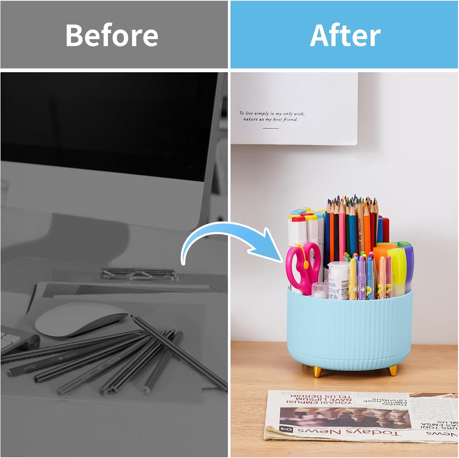 Detalle 2 de Marbrasse Desk Organiser 360° Rotating Pen Holder with 5 Compartments (Blue)