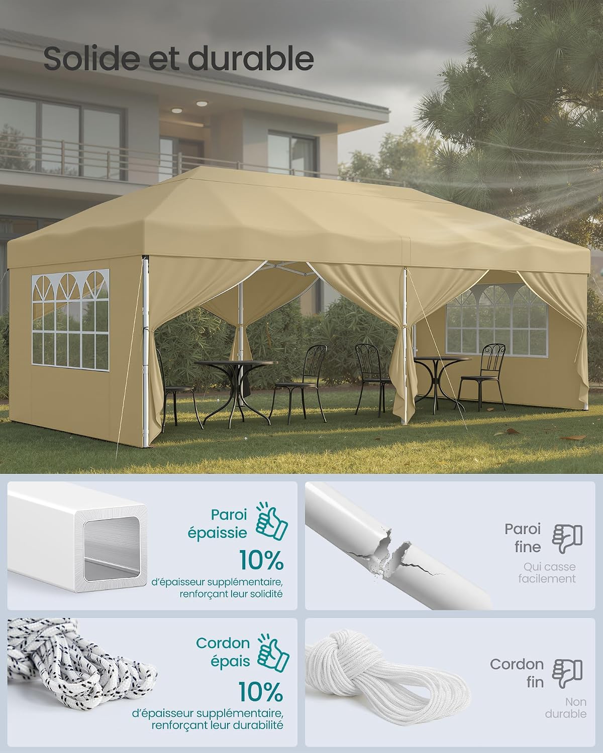 Detalle de SONGMICS Tonnelle chapiteau pliable avec parois latérales 6 x 3 m beige GCT204LZ01SONGMICS