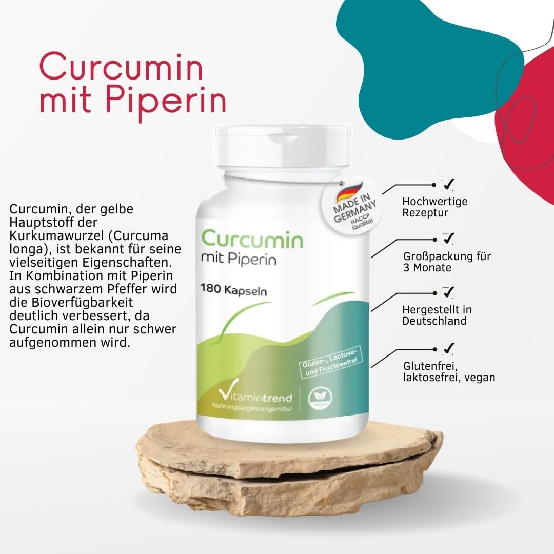 Detalle de Vitamintrend Curcumin mit Piperin – hochdosierte 180 Kapseln, vegan, aus Deutschland hergestellt