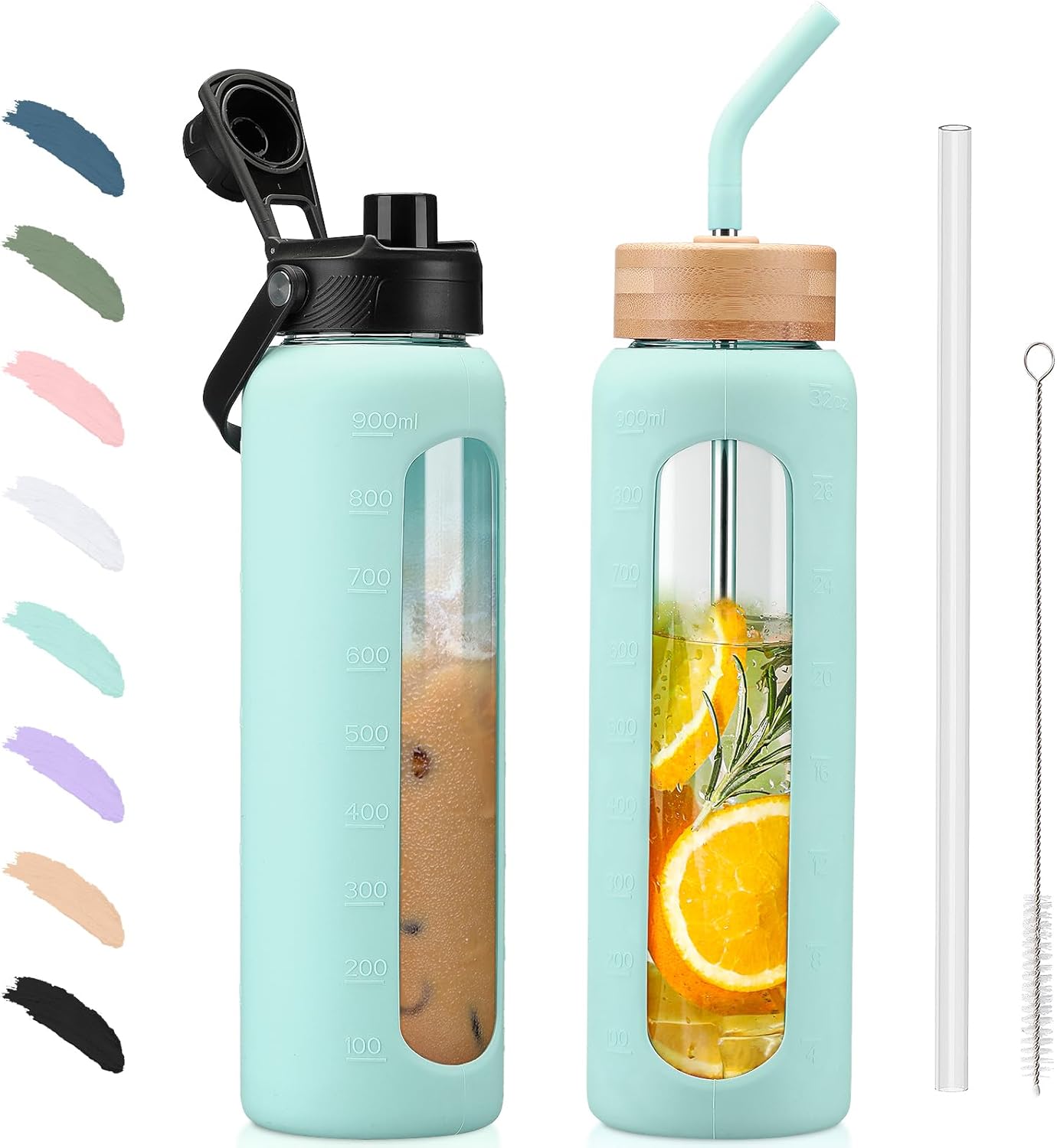 BLUEGO 900ML Bouteille en verre avec double couvercle et marqueur de temps – Gourde réutilisable bleue claire