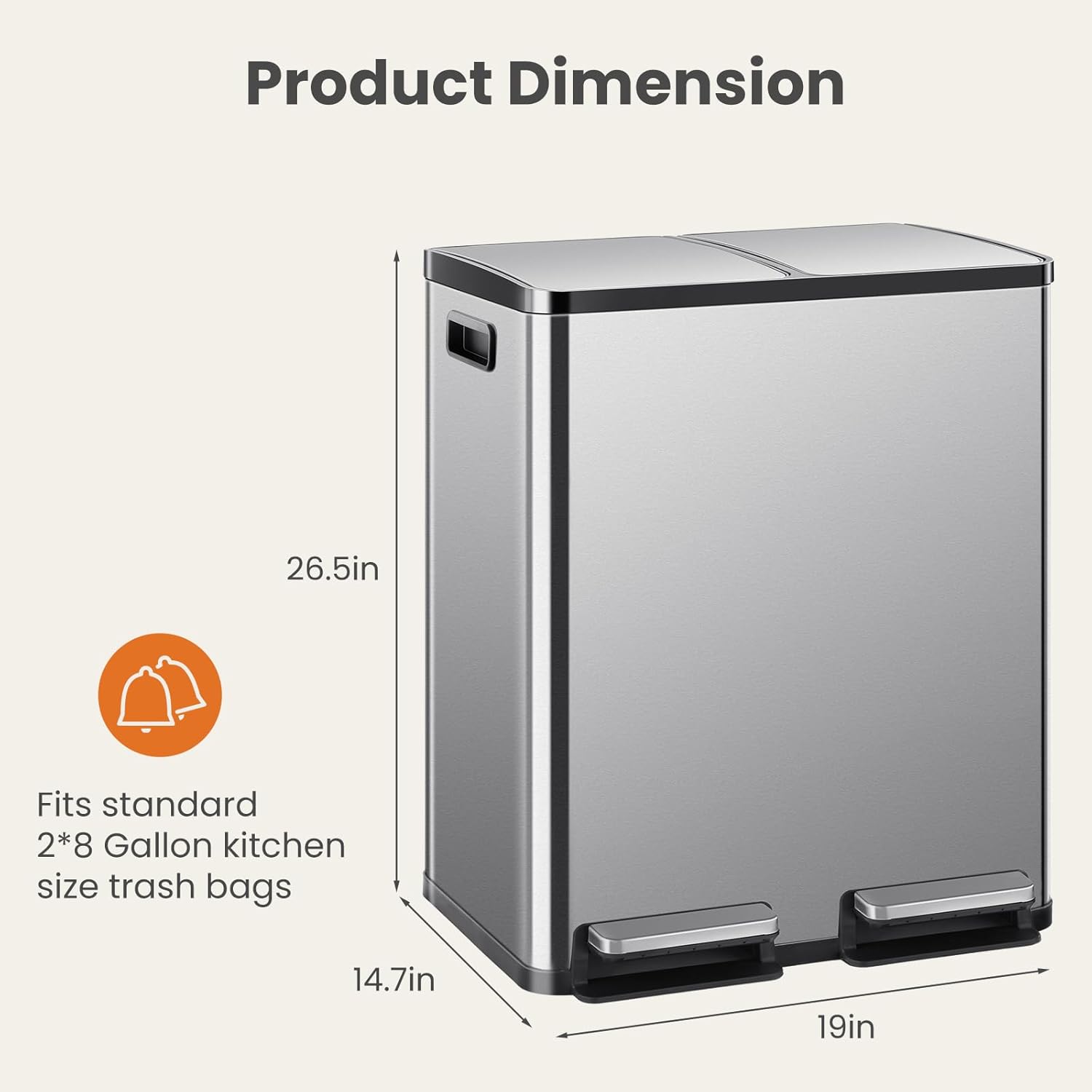 Thumbnail 3 de DUMOS Kitchen Trash Can: 2×8-Gallon Stainless Steel Dual-Bucket with Soft-Cclose Lid