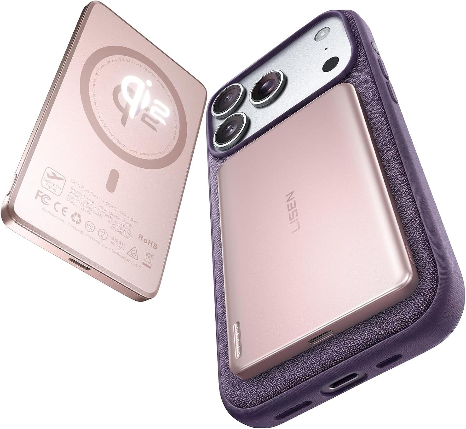 Detalle de LISEN Qi2 15W Ultra Slim Magnetic Power Bank, 5,000mAh, Pink