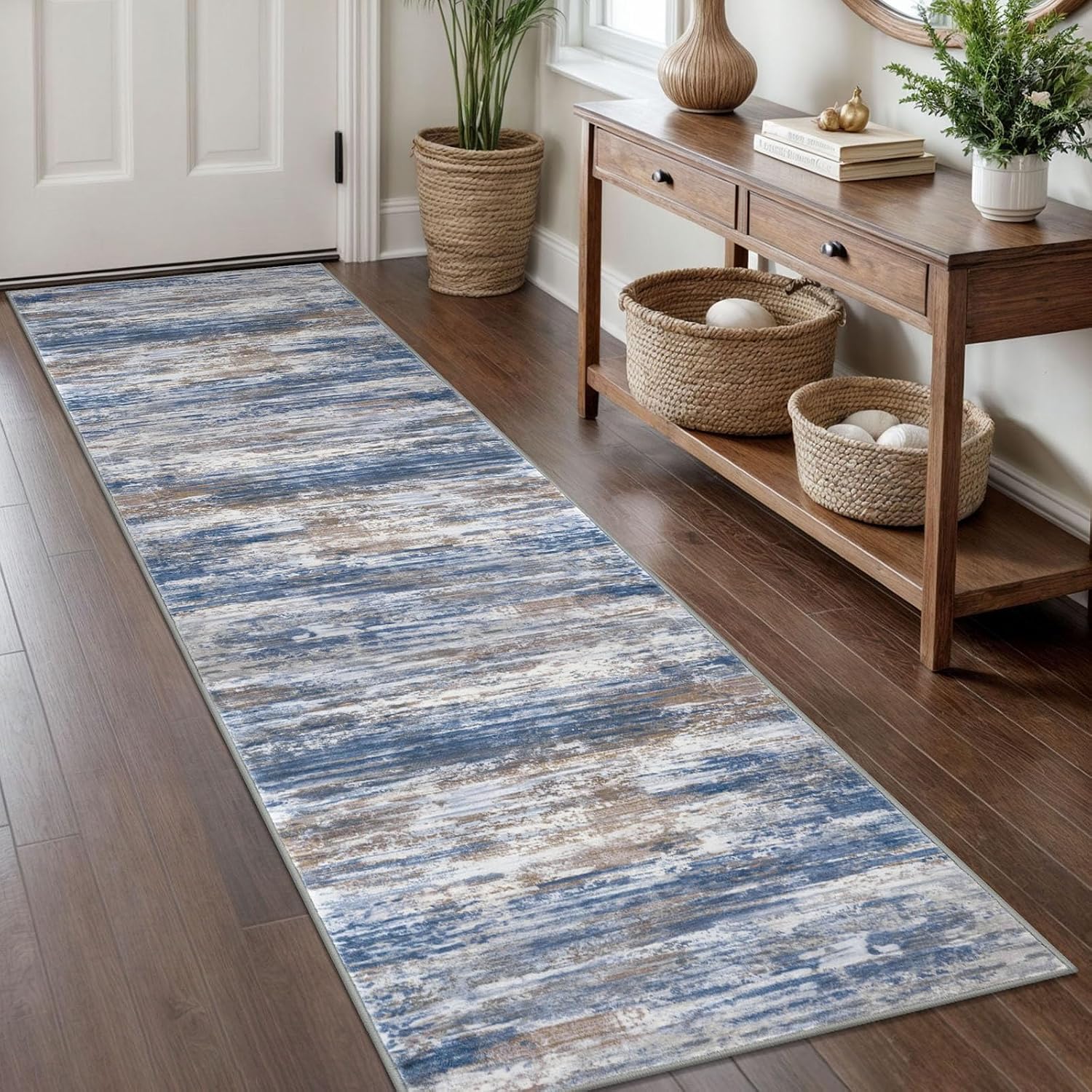 Detalle de KOZYFLY Modern Abstract Hallway Runner Rug, 2x8 — Non-Slip, Washable, Blue-Rust-White Abstract Stripe