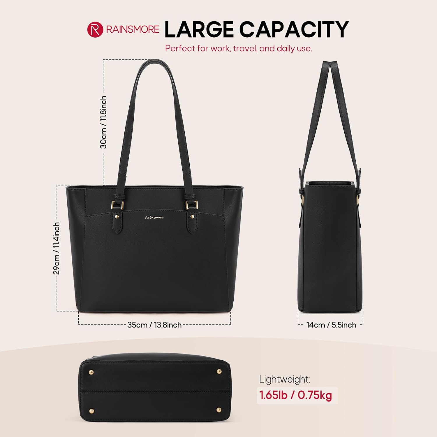 Detalle de RAINSMORE Large Tote Bag for Women: Waterproof PU Leather, 14-Inch Laptop Compartment, Everyday Use