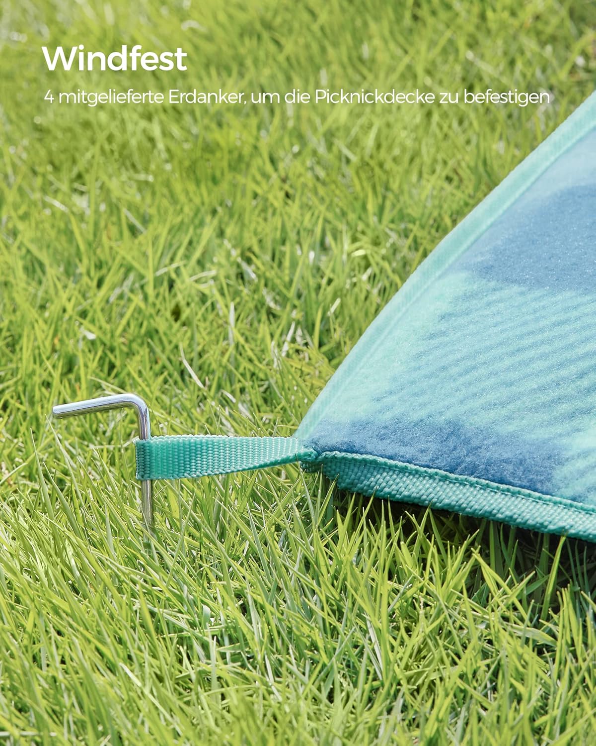 Detalle 2 de SONGMICS Picknickdecke GCM011Q02 200 × 200 cm – grün-blau, wasserdicht, faltbar