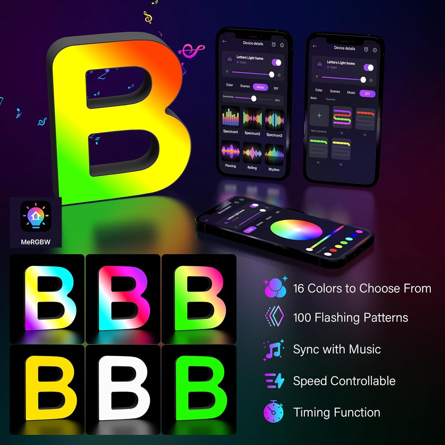 Thumbnail 1 de LED Buchstaben Lichter Alphabet – Leuchtbuchstabe B mit USB-Netzteil, App-Steuerung und Dimmfunktion