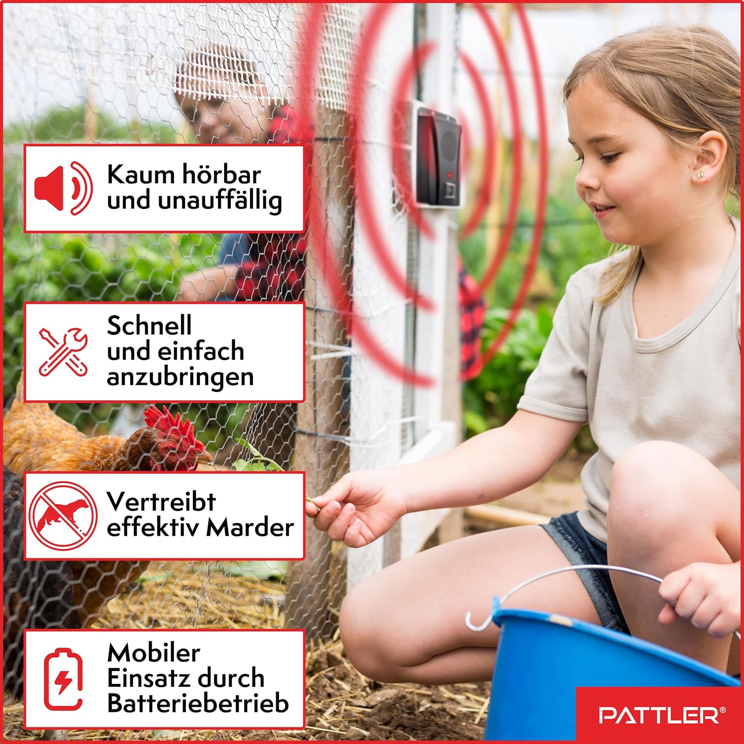 Detalle de PATTLER® Marderschreck Auto batteriebetrieben – Ultraschall & Anti-Gewöhnungseffekt für ca. 40 m²