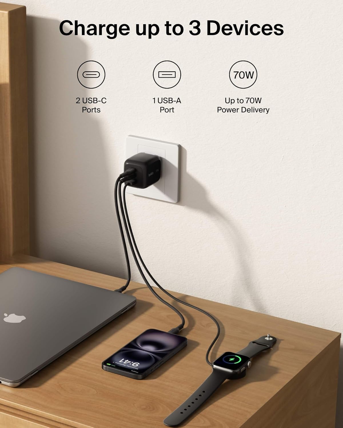Thumbnail 1 de Belkin 70W GaN 3-Port USB-C Charger Block (2x USB-C, 1x USB-A) for Fast Charging