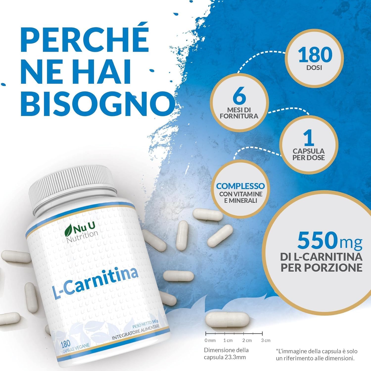 Detalle de L-Carnitina Tartrato Forte - 180 Capsule Vegane di Nu U Nutrition