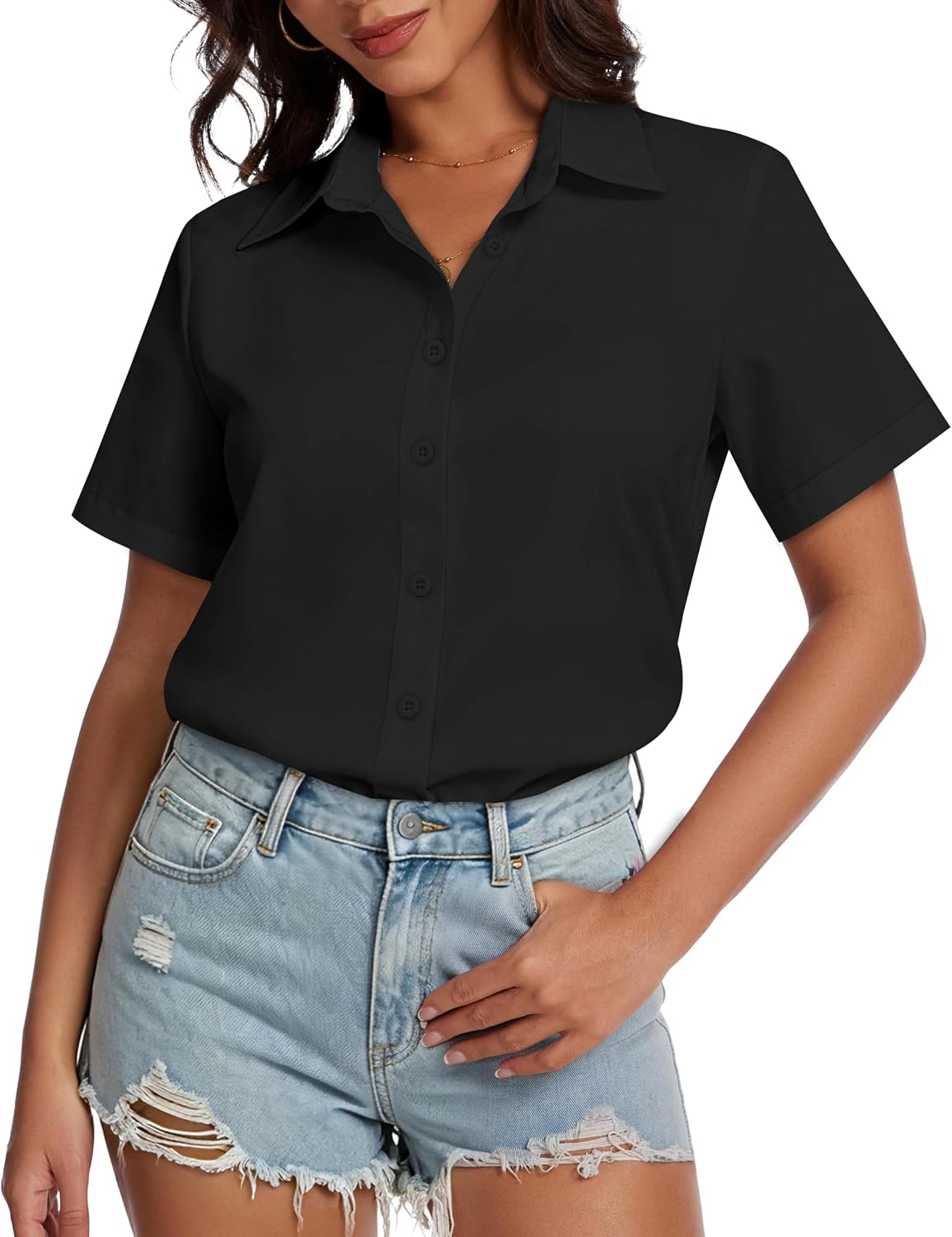 Detalle de CHICALLURE Women’s Hawaiian Button-Down Shirt, Short-Sleeve Floral V-Neck
