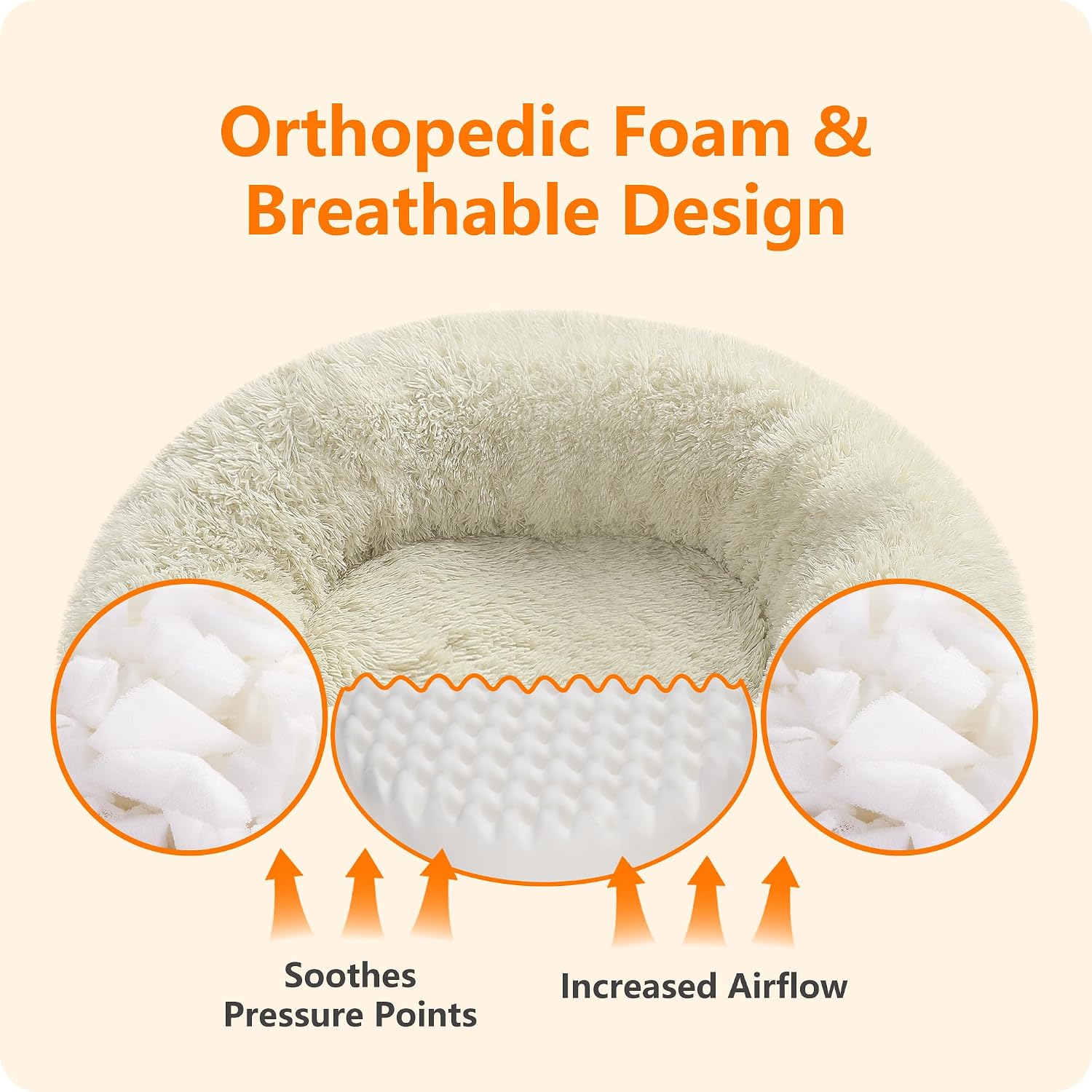 Detalle de HMTOPE Orthopädisches rundes Hundebett – Donut Kuschelkissen, 100 cm Ø, Beige, waschbar