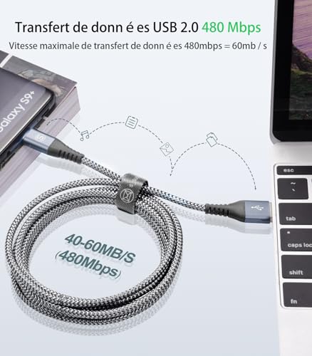 Detalle de Cable USB C AviBrex 2 Pack 1m + 2m: Carga rápida 3.1A y Nylon duradero para múltiples dispositivos
