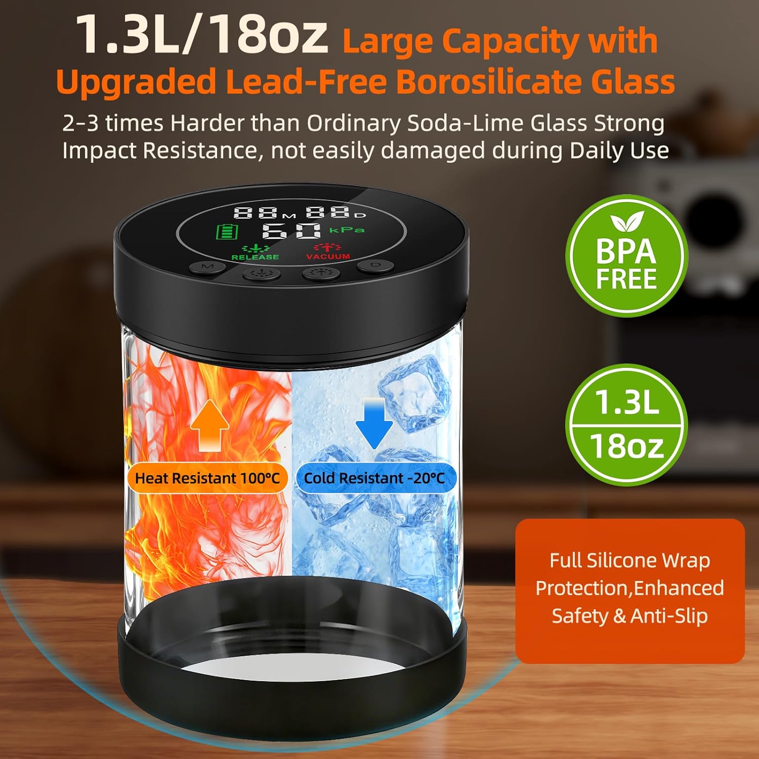 Detalle 2 de Automatic Vacuum Coffee Canister (1.3L) with Smart Pressure Sensor, LED Window & Rechargeable Battery