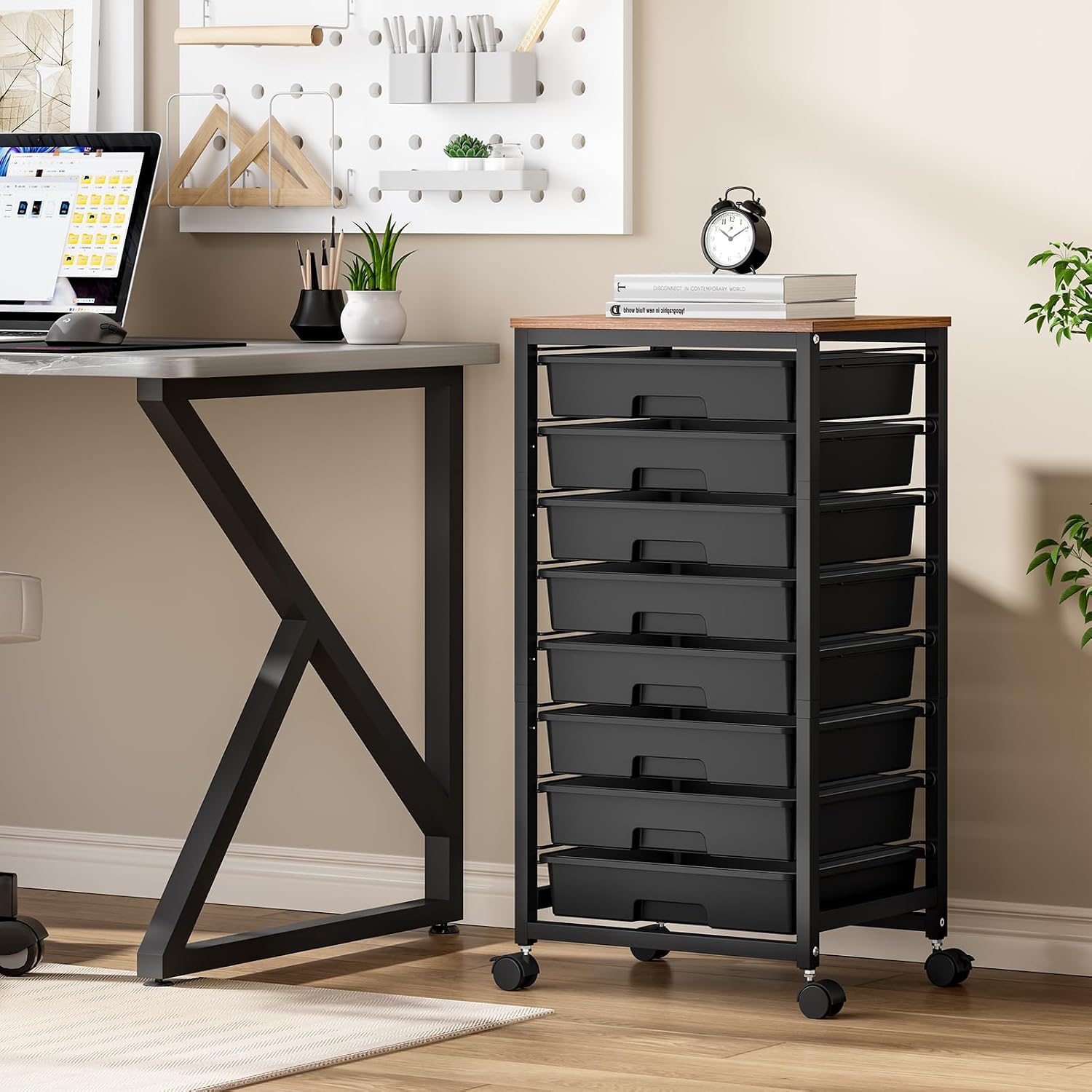 Detalle 1 de SYKIARIOL 1250-BLACK Rolling Storage Cart with 8 Drawers and Wooden Tabletop